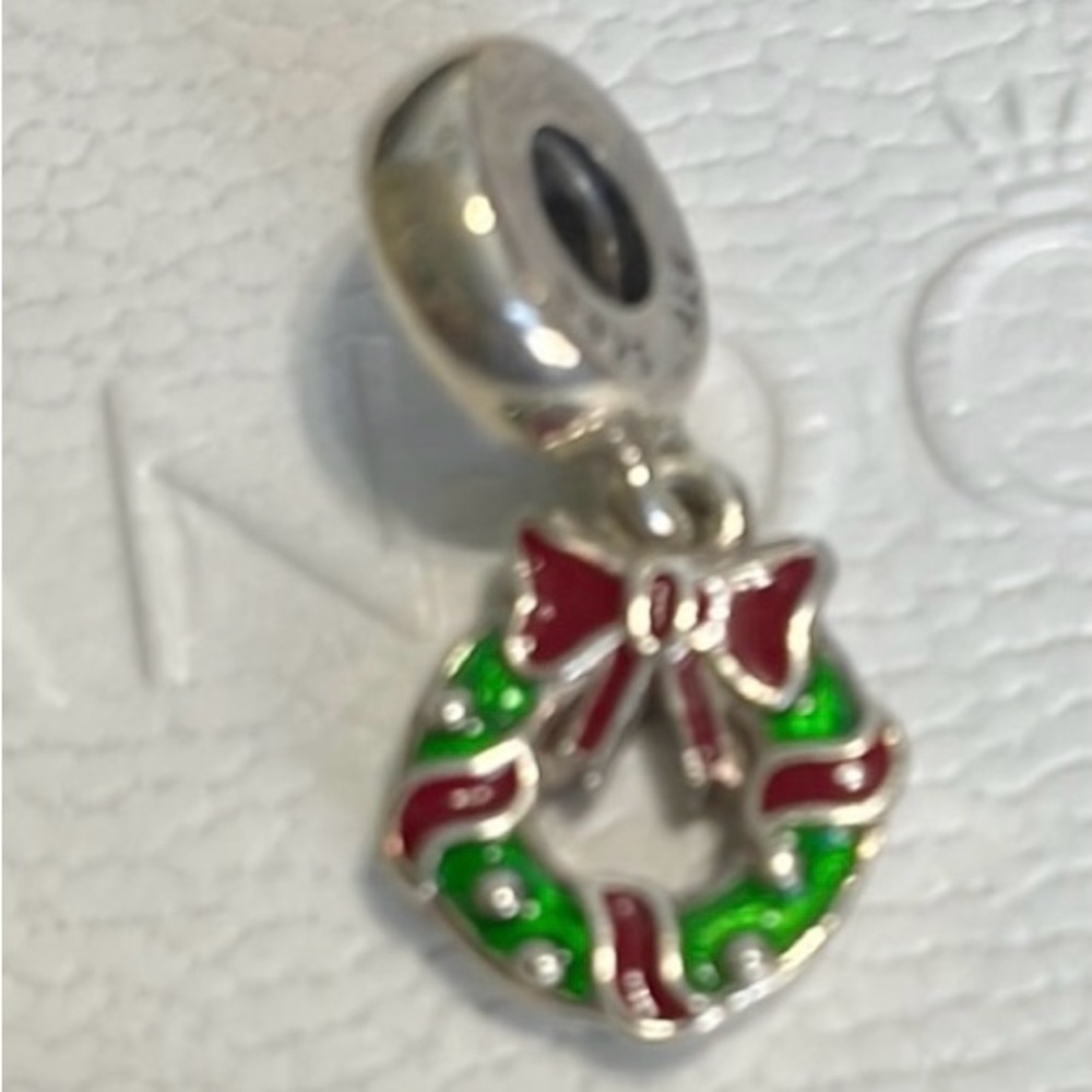 Pandora Silver, Red and Green Wreath Christmas Charm